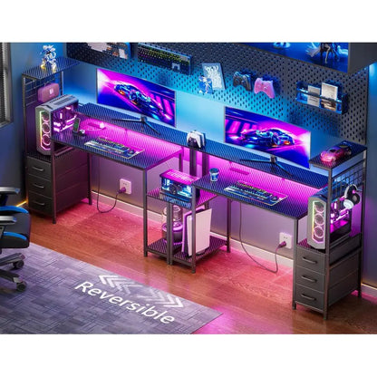 48 Inch Gaming Desk with LED Lights Power Outlets,Computer Desk with Fabric Drawers Side Hook,Reversible Gamer Table