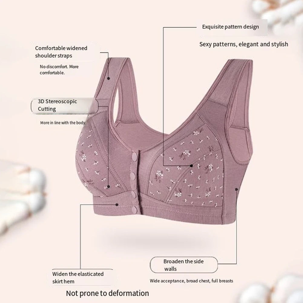 Deep V Neck Bra Skin Color Elderly Bra Cotton Fabric Front Buckle Closure Full Cup Design Regular Length Solid Color