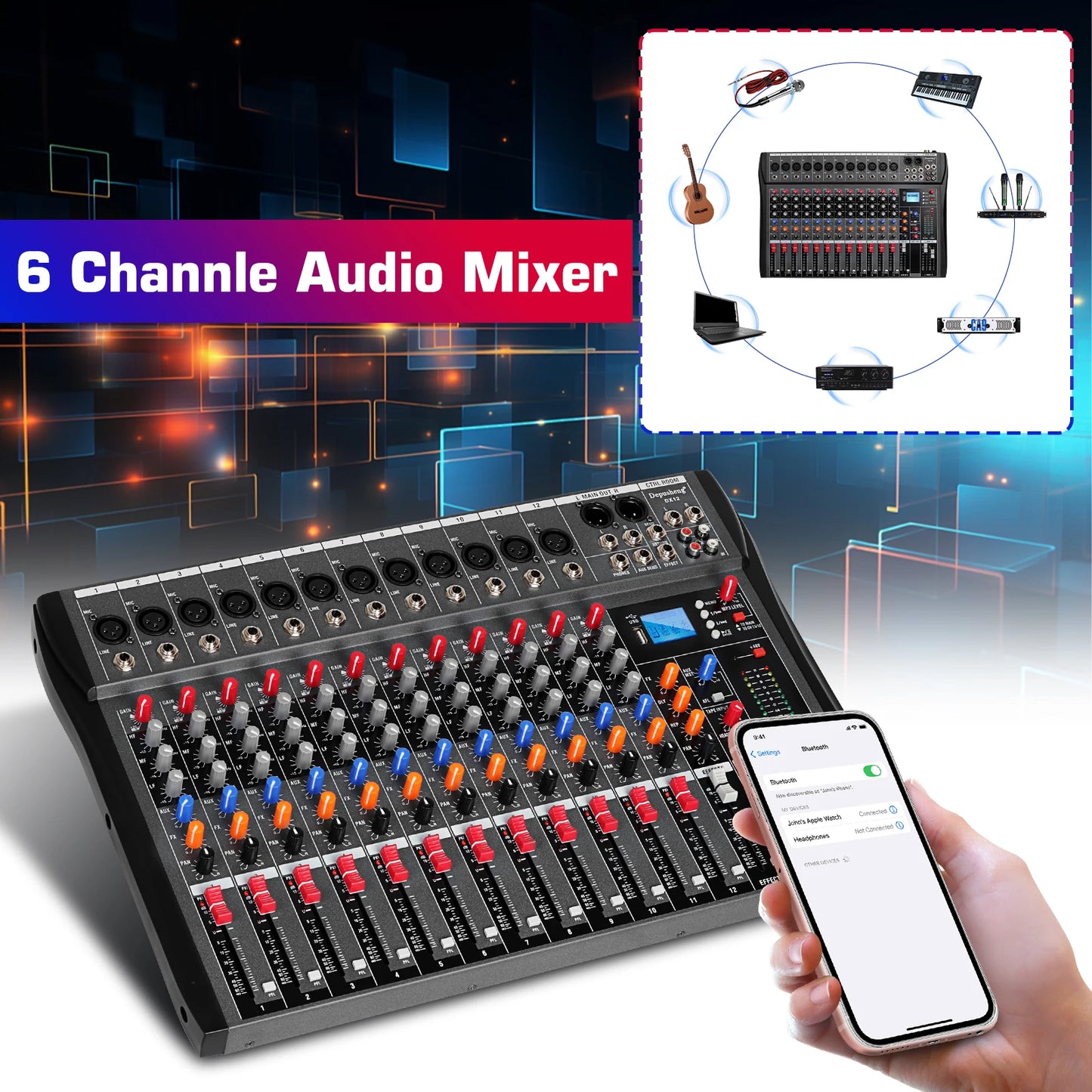 6/8/12/16 Channel Depusheng Audio Mixer Professional  Sound Board DJ Mixing Console System Interface USB MP3 Input Bluetooth 48V