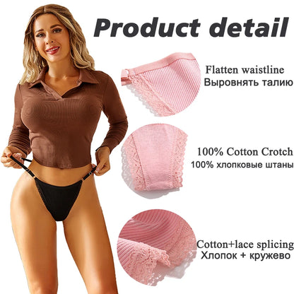 4Pc G-String Cotton Lace Women Thongs Lingerie Low Rise Panties Adjustable Waistband Straps Hipster Underwear For Girl Intimates
