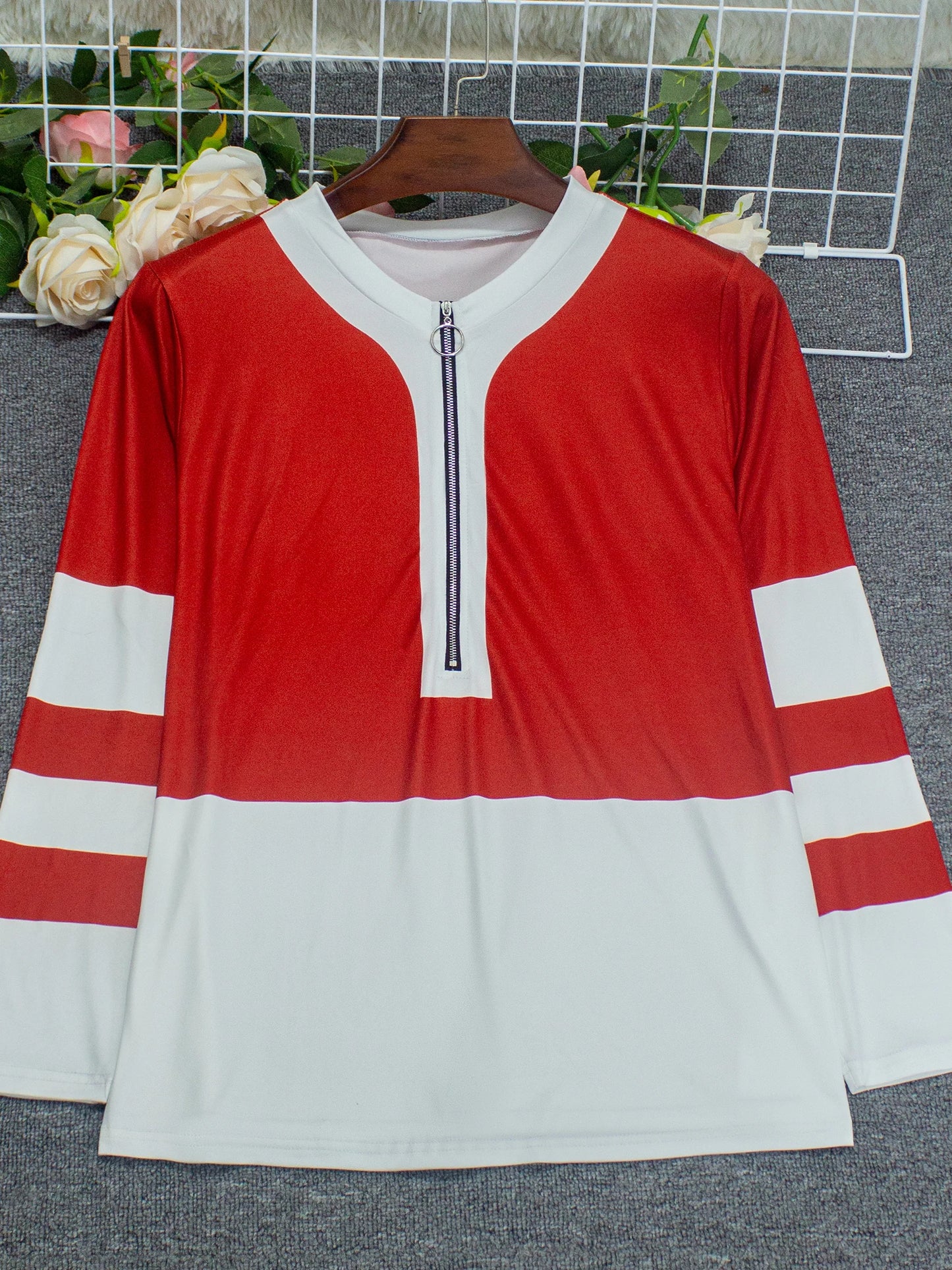 Plus Size Long Sleeve T-Shirt with Geometric Stripes & Color Block Ring Zipper Detail - Fall Fashion