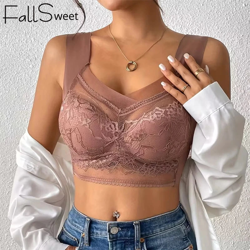 FallSweet 6PCS Ice Silk Lace Bras for Women Wireless Push Up Bralette Deep V Plus Size  Brassiere Soft Lingerie Mom Underwear