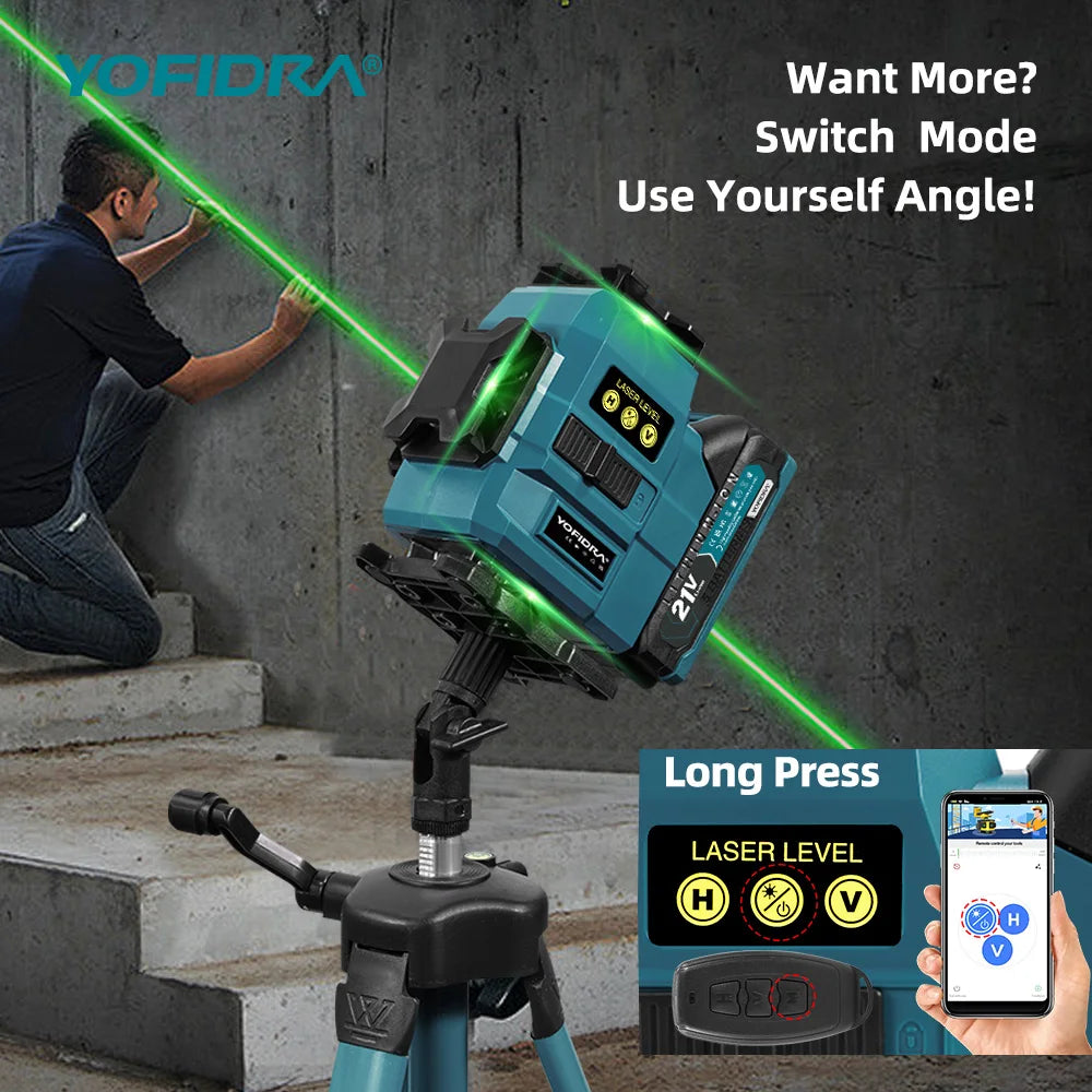 YOFIDRA 4D 16 Lines Laser Level Self-Leveling 360° Horizontal Vertical Leveling Tools With 1M Tripod For Makita 21V Battery Pin
