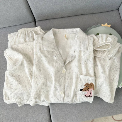 High Quality Khaki with Embroidered Dogs Couples Homewear Women's Pajamas Set Cute Casual Short-Sleeve 3 Piece Men Pajamas Set