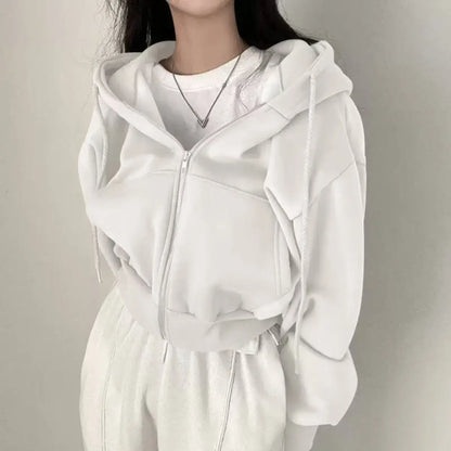 Zip Up Hoodies Women Autumn Winter Warm Fleece Lined Long Sleeve Cropped Jackets New Fashion Hooded Sweatshirts Female Y2K Coats