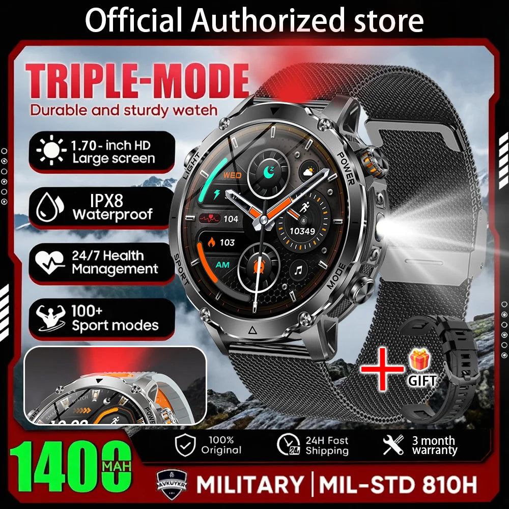 New 1400 mAh Battery Military Smartwatch Men IP68 Waterproof Flashlight Health Monitor Sports Call Smart Watch For iOS Android