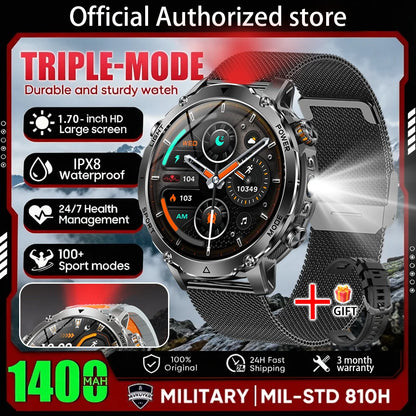 New 1400 mAh Battery Military Smartwatch Men IP68 Waterproof Flashlight Health Monitor Sports Call Smart Watch For iOS Android