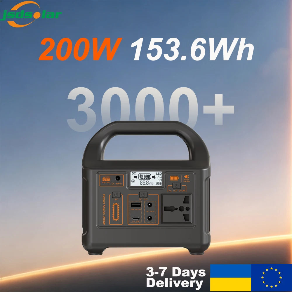 Jsdsolar 200W Portable Power Station 153.6Wh Battery for Fishing Outdoors Camping RV Emergency Energy Mobile Power Supply 220V Output Solar Generator With LED Light Support UPS