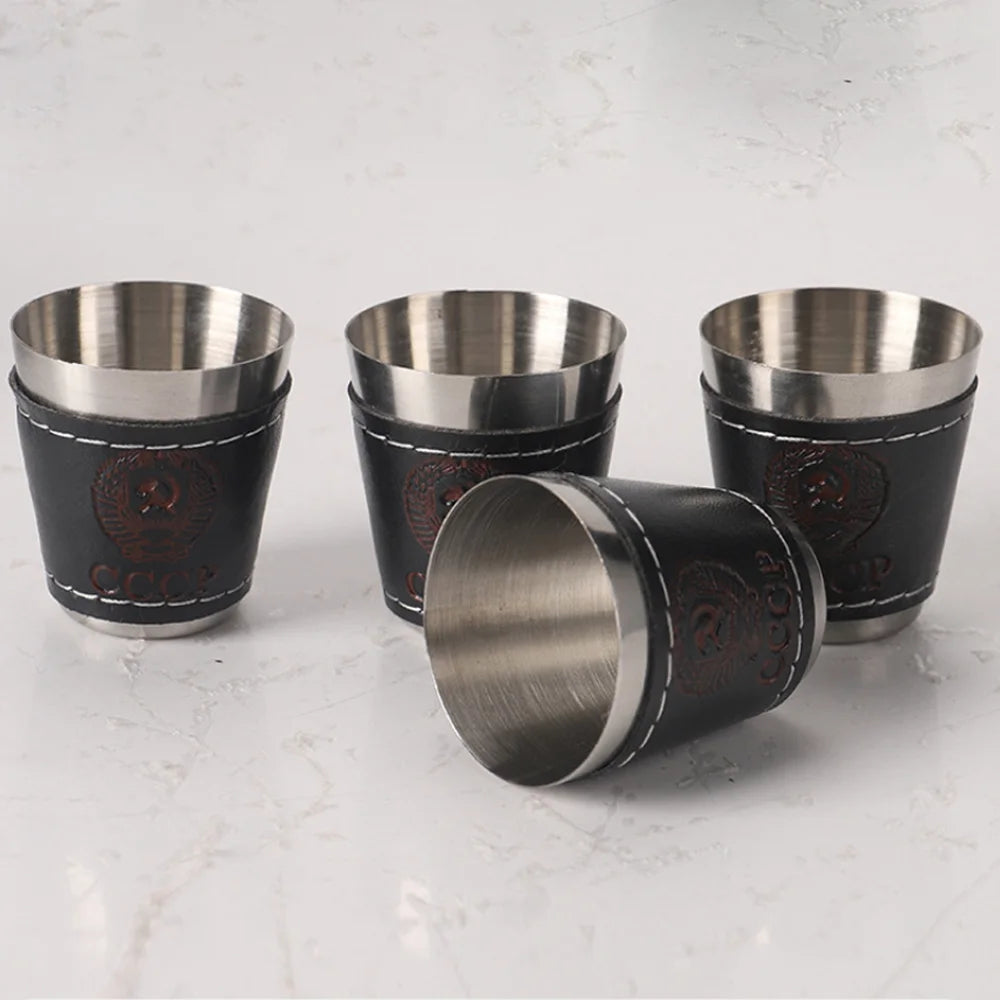 Rostfria Campingkoppar 4-pack med Läderfodral – 30/70/170ml, Kaffe, Vin & Whisky, Friluftsliv