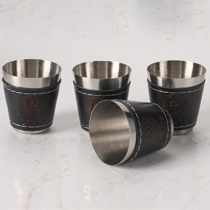 Rostfria Campingkoppar 4-pack med Läderfodral – 30/70/170ml, Kaffe, Vin & Whisky, Friluftsliv