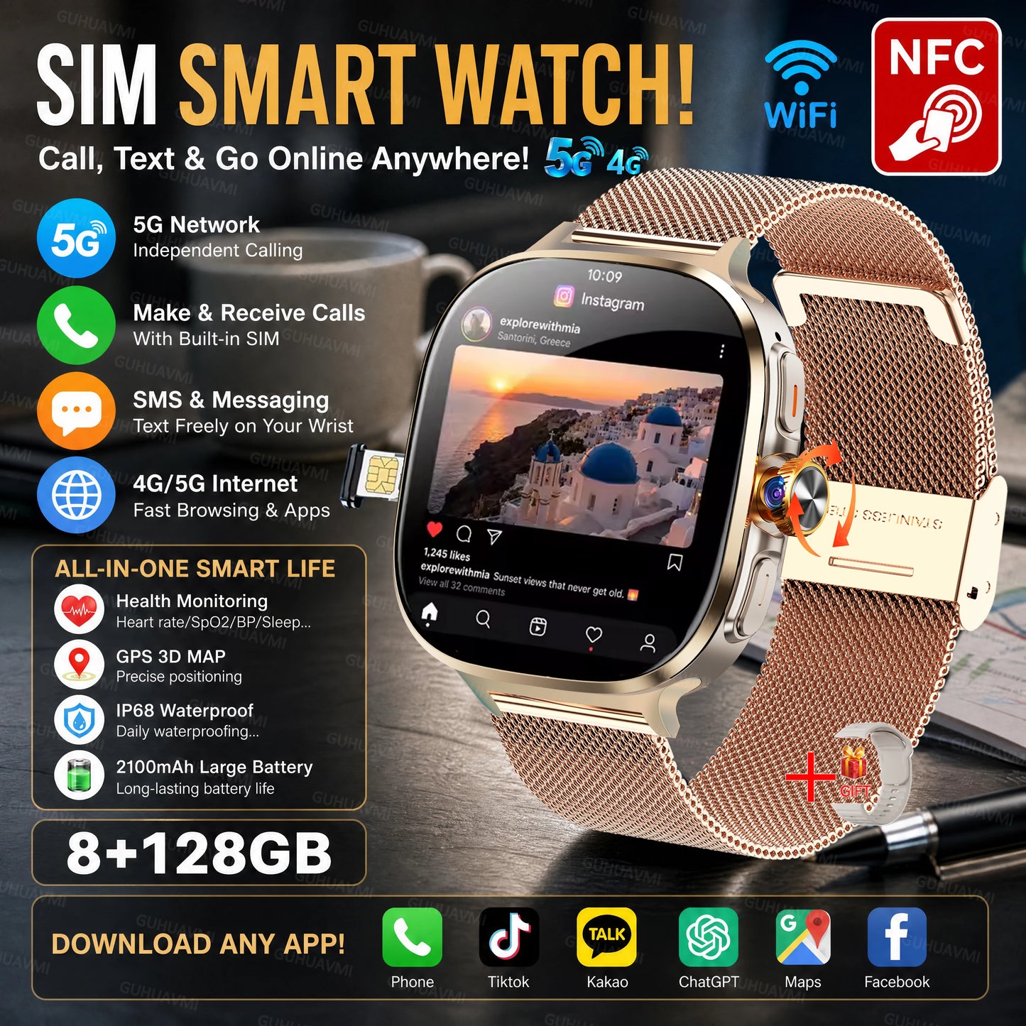 2026New 5G SIM Smart Watch 2.4" AMOLED 8+128GB GPS+NFC WIFI 1000W HD Camera IP68Waterproof Health Monitor Android Smartwatch Men