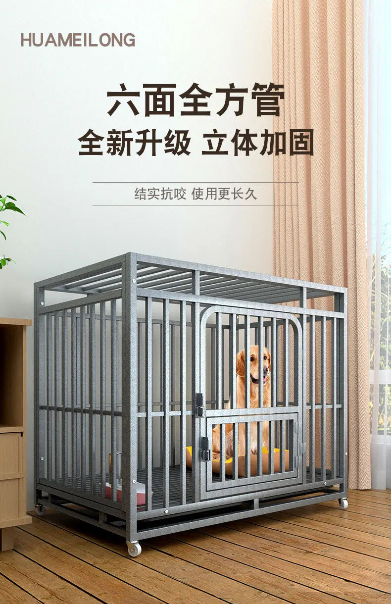 Heavy Duty Square Tube Dog Cage for Medium Large Dogs Indoor Metal Kennel with Toilet Tray Foldable Iron Pet Crate Furniture