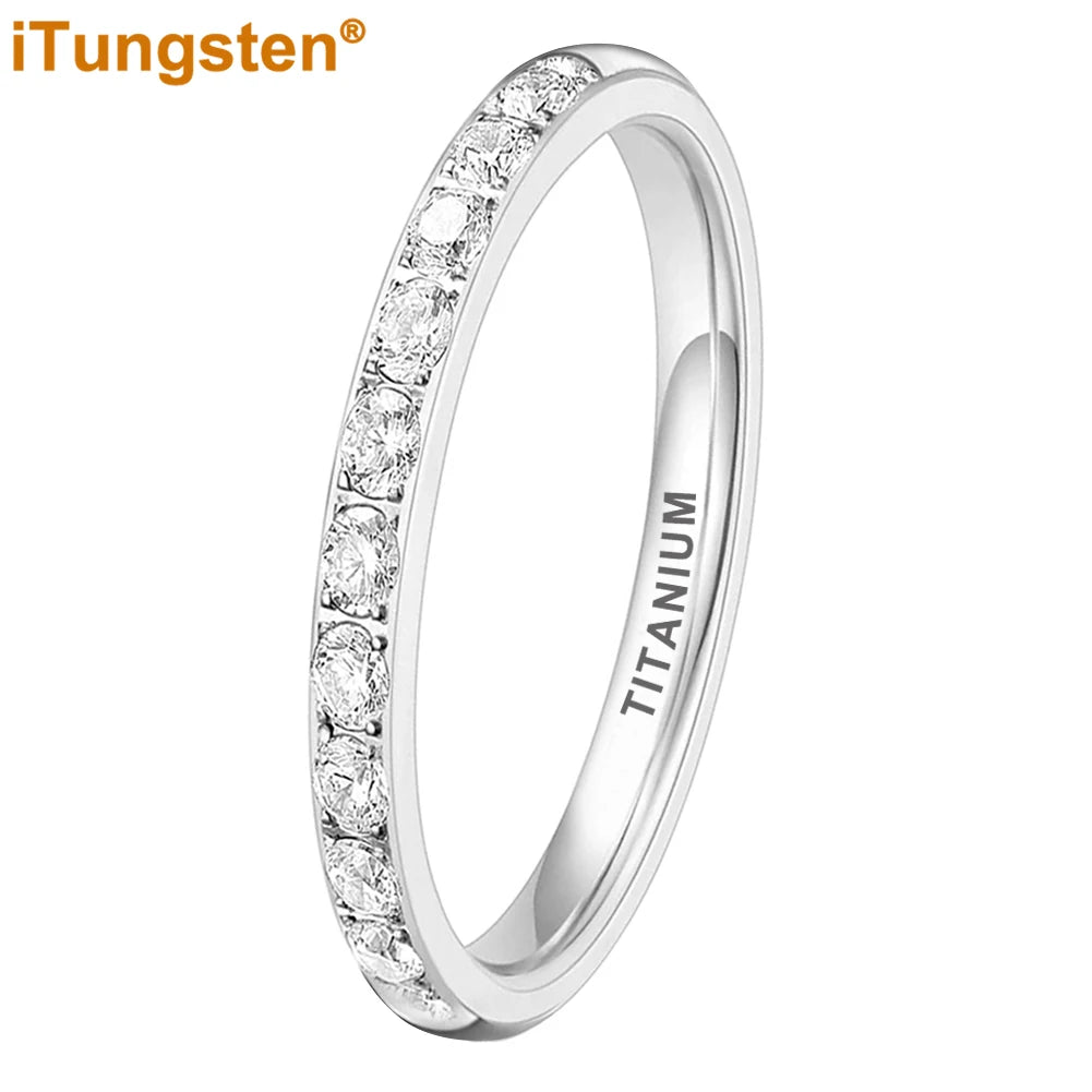 ITungsten 2/3/4mm Men Women Titanium Princess Cubic Zirconia CZ Inlay Ring Nice Eternity Engagement Wedding Band