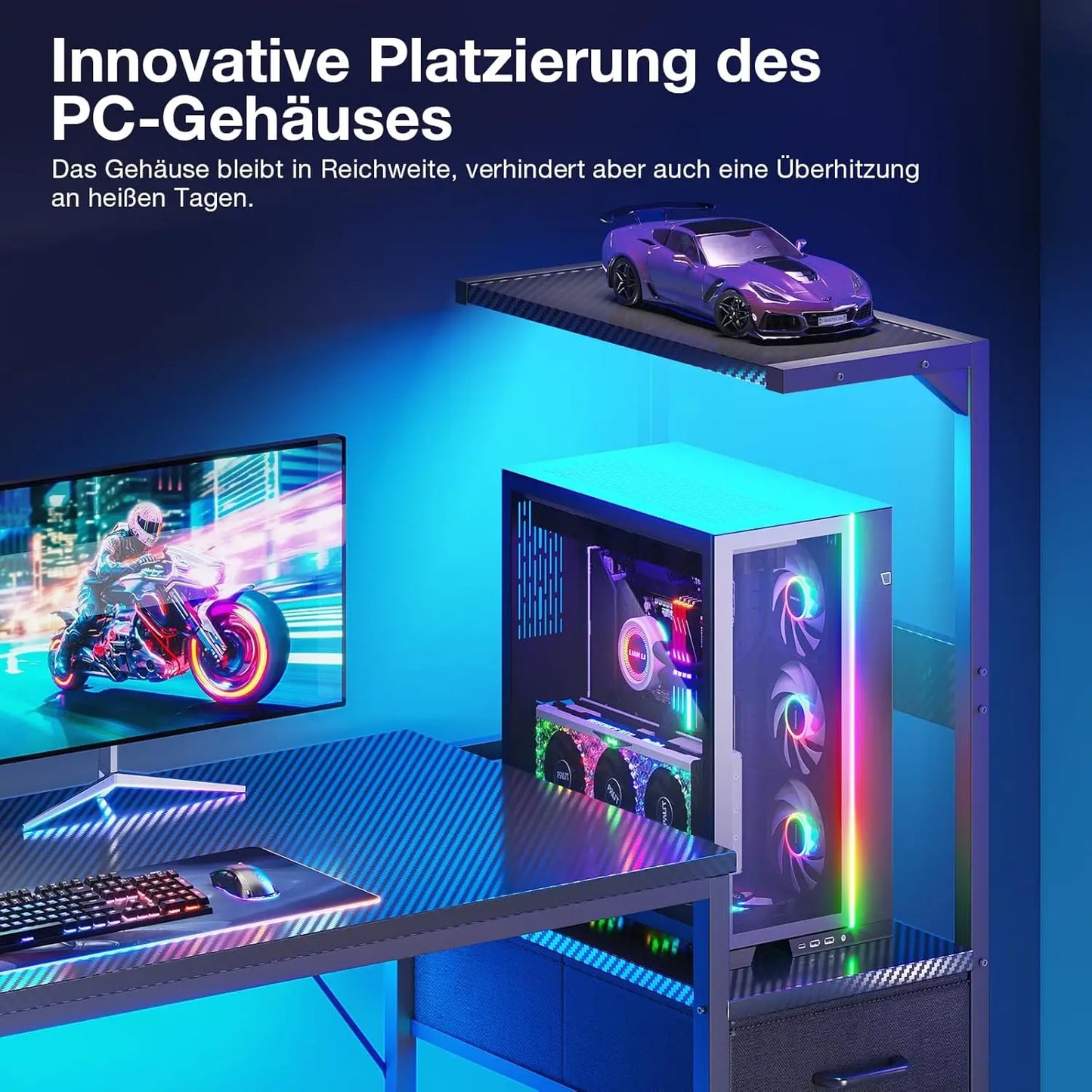 Coleshome Gaming Table with Led Lights,138×48Cm Gaming Desk with Drawers and Shelf
