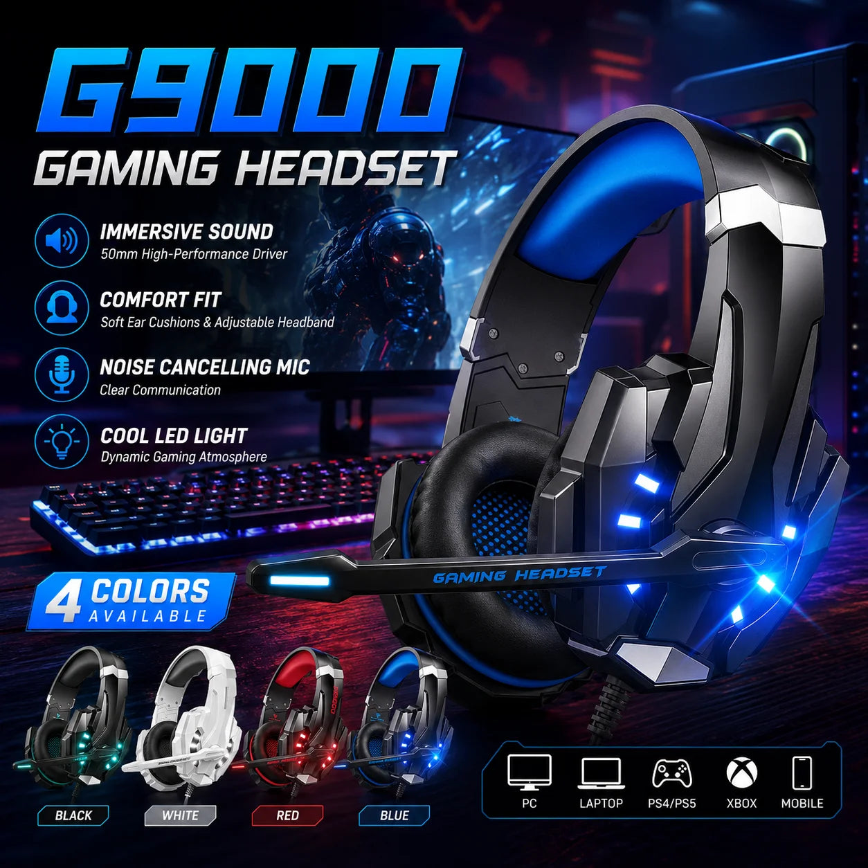 Gaming Headset G9000 Over-Ear – 3,5mm + USB LED-belysning Mikrofon Aktiv Brusreducering Stereo PC PS5 Blå Röd Vit Svart