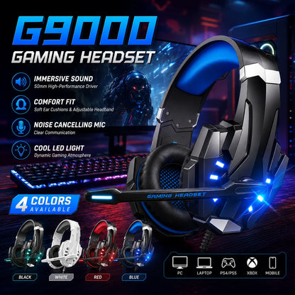 Gaming Headset G9000 Over-Ear – 3,5mm + USB LED-belysning Mikrofon Aktiv Brusreducering Stereo PC PS5 Blå Röd Vit Svart
