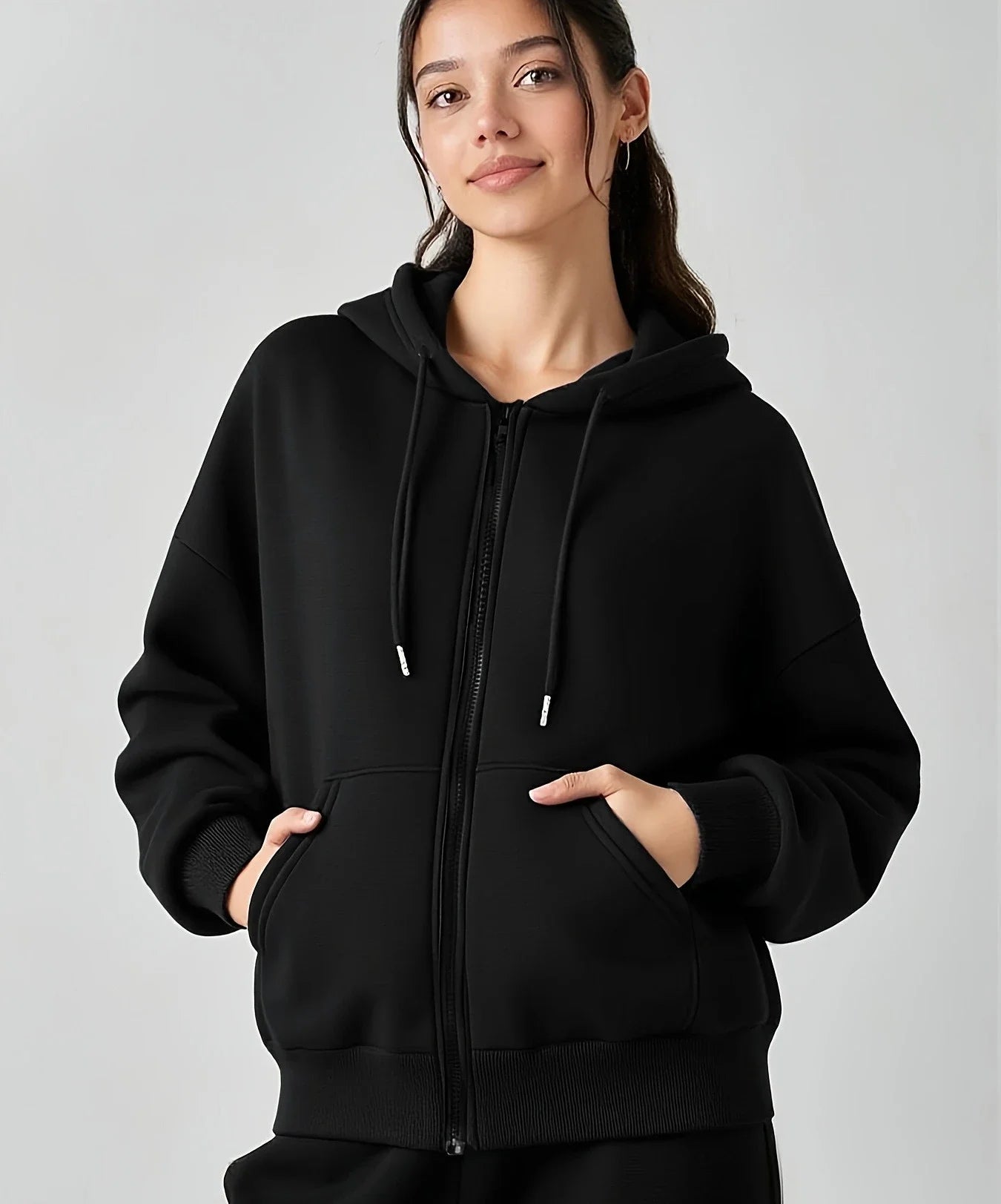 Black White Women's Zipper Hoodies Jacket Cotton Fleece Hoody Sweatshirt Pullover Autumn Winter Oversized Loose Tops Coat Unisex