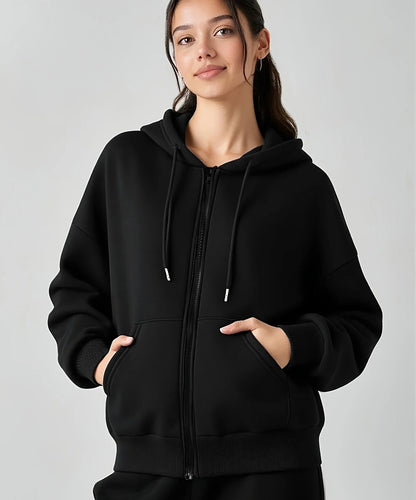 Black White Women's Zipper Hoodies Jacket Cotton Fleece Hoody Sweatshirt Pullover Autumn Winter Oversized Loose Tops Coat Unisex