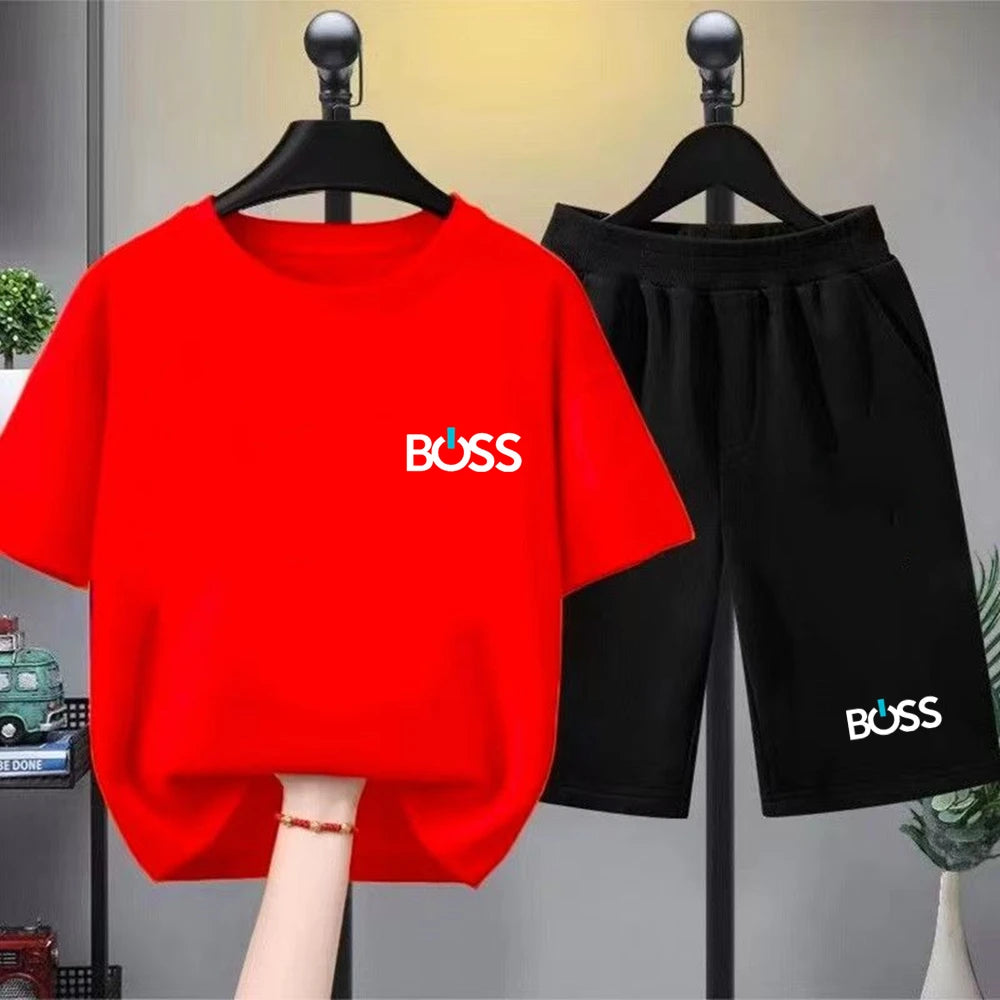 Child T-shirt Summer Short Sleeve Print Children Age 3-12 Girls boy Set white black Tshirt+Shorts 2pcs leisure fashion Kids Set