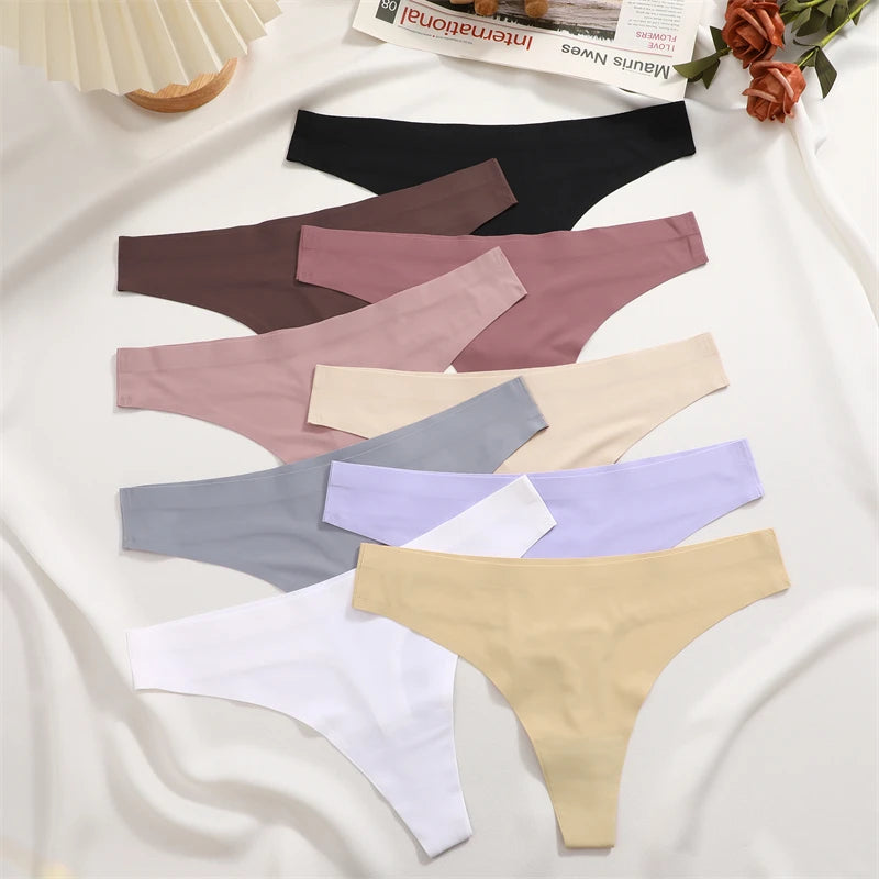 FINETOO 4PCS Silk Satin Seamless Underwear Low Waist Thongs Sexy Solid Color Bikini Underpants Female Stretch Intimates Lingerie