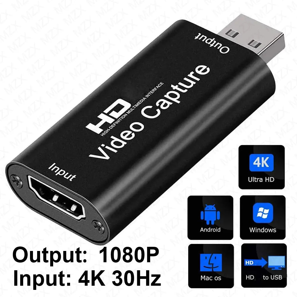 HDMI Capture Card USB 2.0 – 4K/30Hz ingång, 1080p utgång, Kompakt Inspelningskort för PC, PS4 & OBS