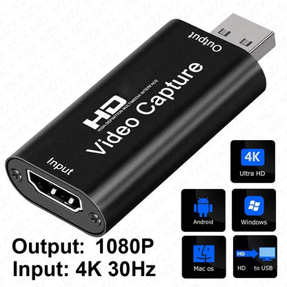 HDMI Capture Card USB 2.0 – 4K/30Hz ingång, 1080p utgång, Kompakt Inspelningskort för PC, PS4 & OBS