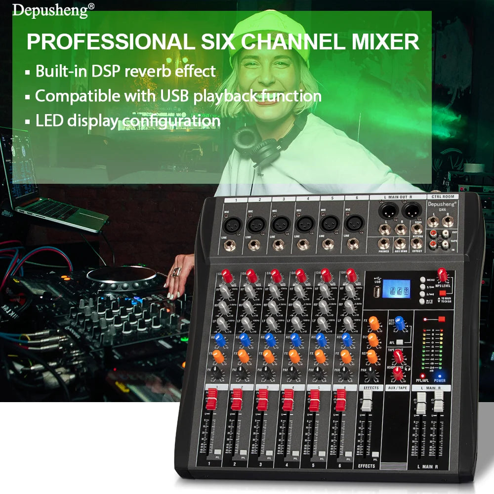 Depusheng DX-seriens ljudmixer med Bluetooth, USB och 3-bands EQ