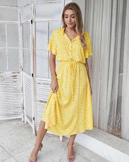 Vintage Blommig Boho Skjortklänning – Kortärmad, Lång, Nedvikt Krage, Skärp, 6 Färger, S–XL