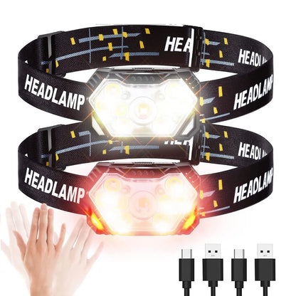 Pannlampa 9 LED 2000 Lumen – USB-C Uppladdningsbar, Rörelsesensor, 6 Lägen, Vattentålig, Camping