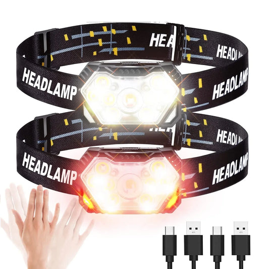 Pannlampa 9 LED 2000 Lumen – USB-C Uppladdningsbar, Rörelsesensor, 6 Lägen, Vattentålig, Camping
