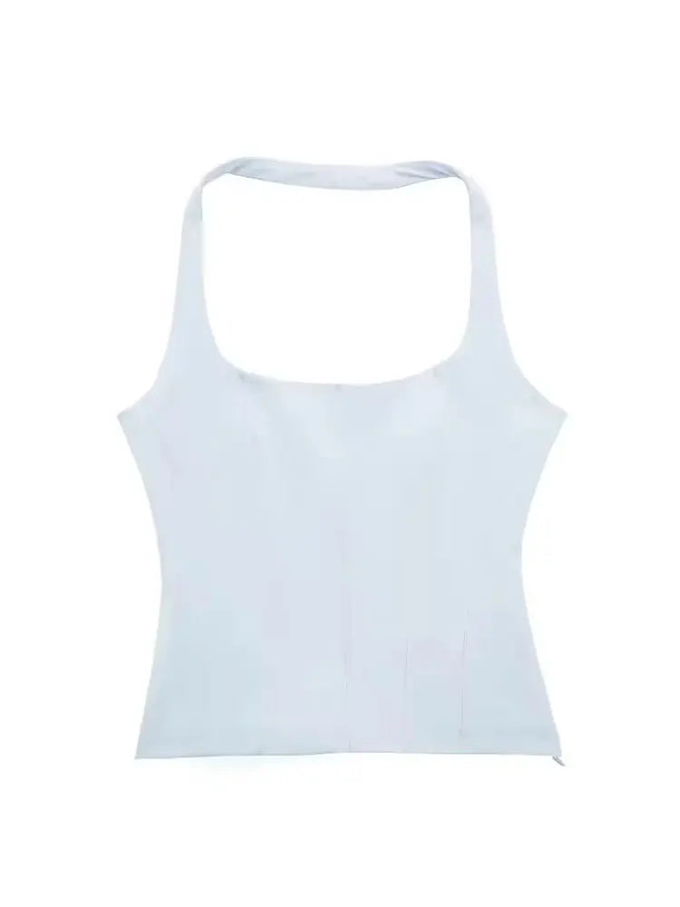 Dam Halterneck Crop Top – Fyrkantig Ringning, Slim Fit Backless Y2K Sommar, 3 Färger