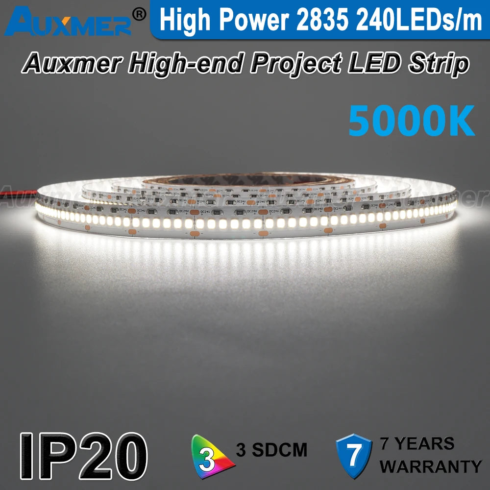 High Power 2835 LED Strip Lights,Mono Color,120LEDs/m 240LEDs/m,CRI＞95/90,3SDCM,Super Bright Flex LED DC12/24V,5m/reel,IP20