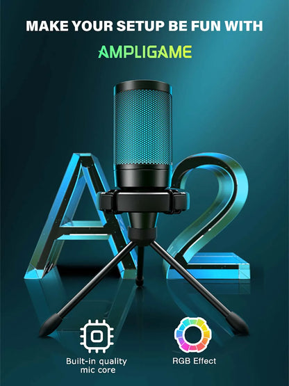 AmpliGame RGB USB Gaming Microphone with Light-touch Mute,Condenser Mic with Tripod for PC,PS4/5,Laptop Streaming Podcasting -A2