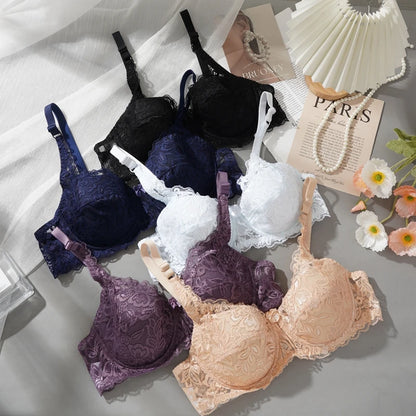 Sexy Push Up Lace Bras Women Thin Cotton Lined Underwire 38-44 C/D Cup Breathable Bralette Hollow Out Floral Underwear Plus Size