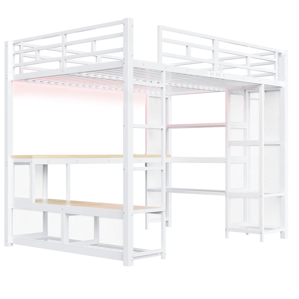 140x200cm Metal High Bed with Storage and Open Wardrobe, Kids Bedroom Bed with USB Connector and LED Lighting, Black/white