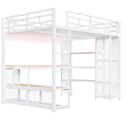 140x200cm Metal High Bed with Storage and Open Wardrobe, Kids Bedroom Bed with USB Connector and LED Lighting, Black/white
