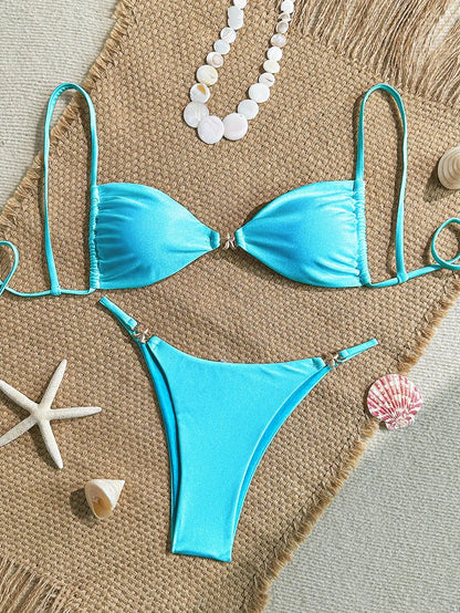 Sexy Solid Color Swimsuit Women' Swimwear 2026 New Bandeau Bikinis Rings Bikini Bandage Beachwear Two Piece Bathing Suit