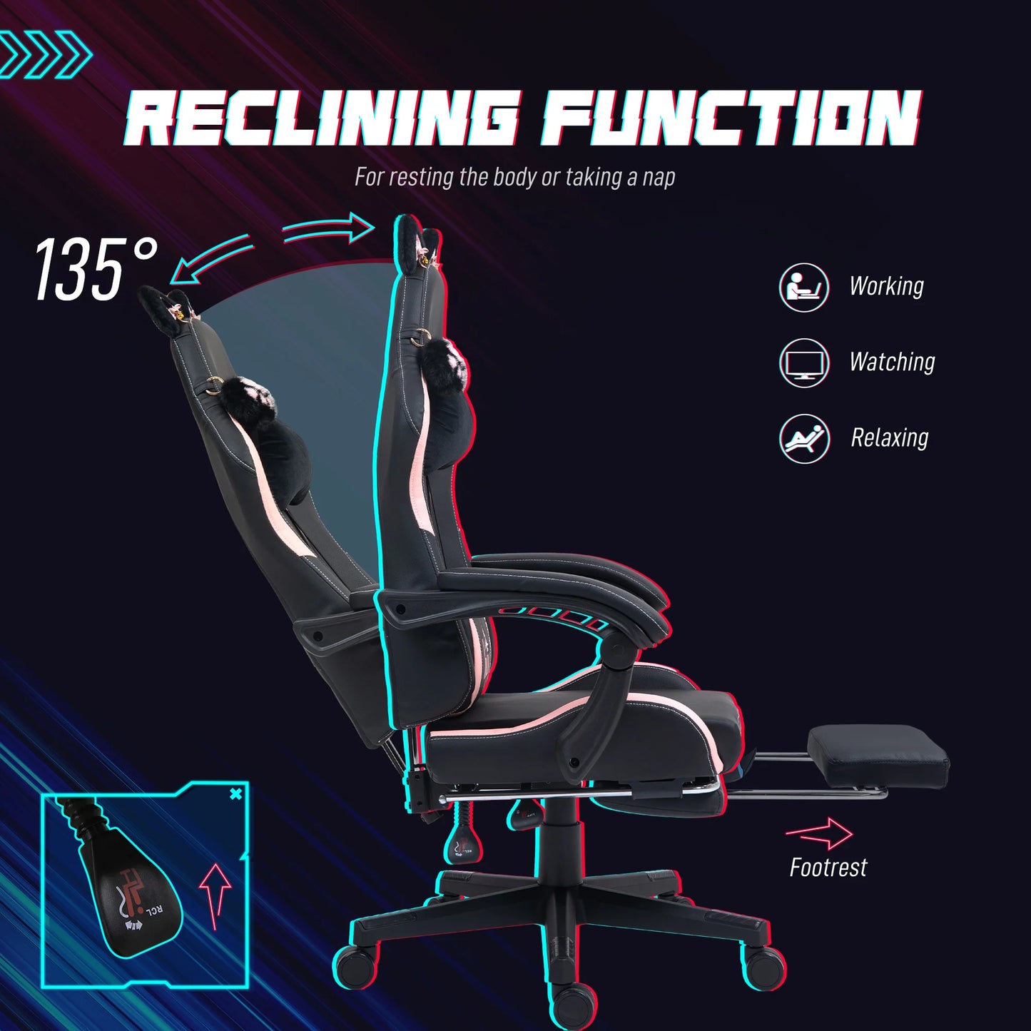 Homcom Gaming Chair with Adjustable Height Ears and Retractable Footrest