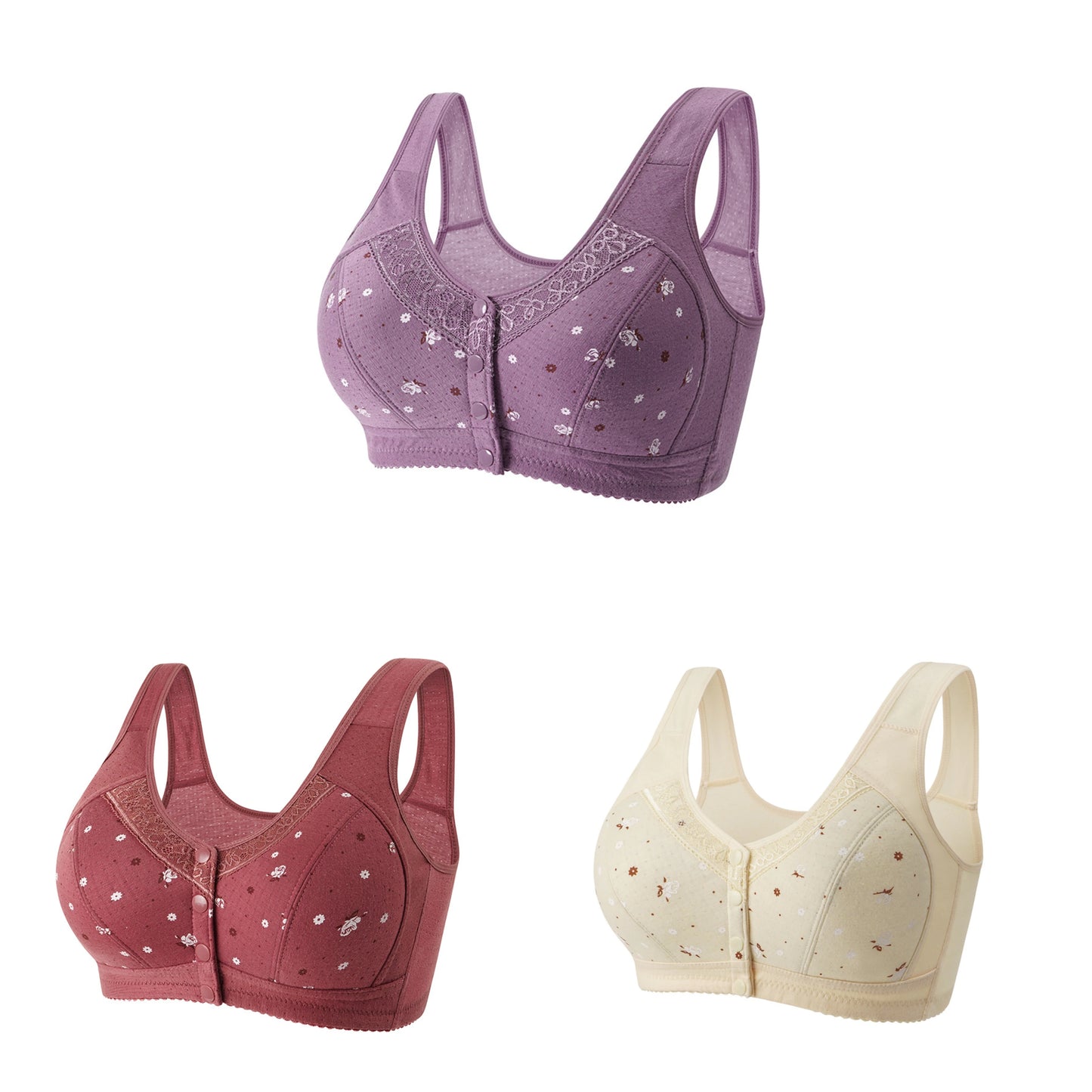 FallSweet 3Pcs/Set Front Closure Bra for Women Plus Size Bras Seamless Wireless Bralette Lace Brassiere Sexy Ladies Lingerie
