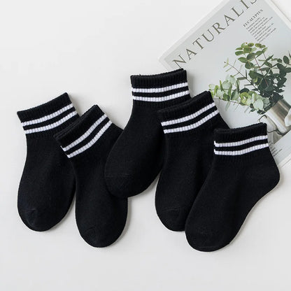 5 Pairs/Lot 2023 New Summer Children Socks Cotton Kids Fashion Black White Gray For 1-12 Years Teen Student Baby Girl Boy Socks