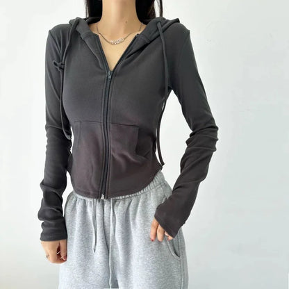 Cropped Hooded Zip-Up Jacket Women Autumn New Slim Long Sleeve Sweatshirts Female Solid Streetwear Sports Hoodies Ropa De Mujer