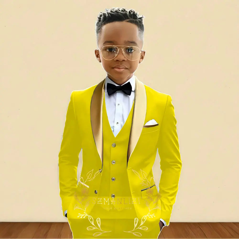 Oil Green Boys Suit 3 Pieces Wedding Tuxedo for Kids Jacket Pants Vest Gold Shawl Lapel Child 2-16 Years Old Customized Outfit