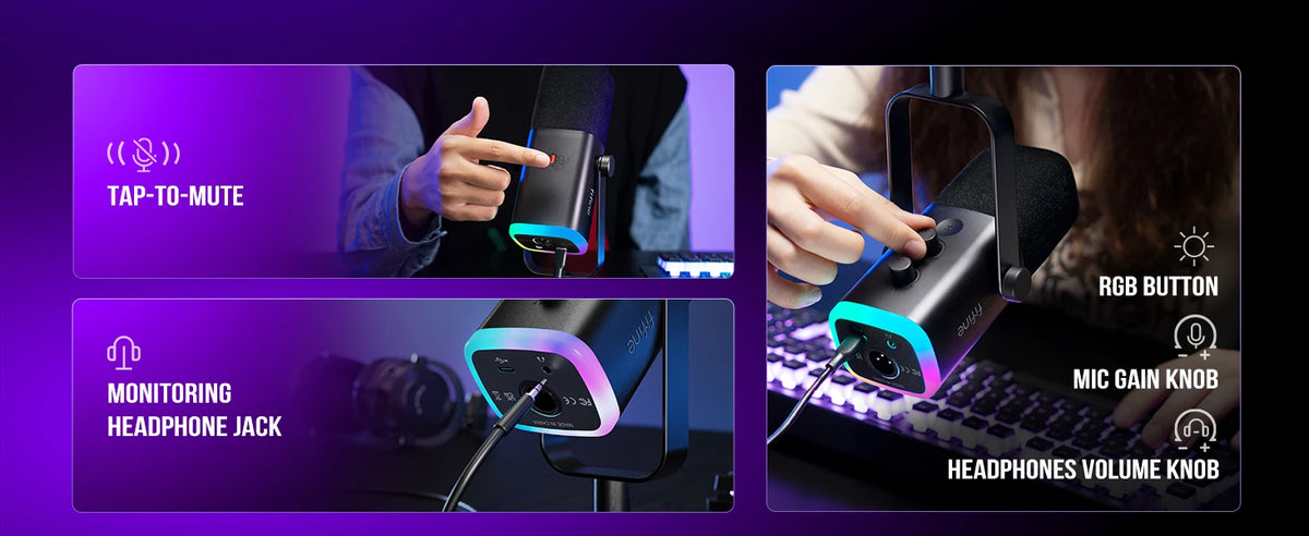 FIFINE USB/XLR dynamisk mikrofon med RGB, hörlursuttag och mute