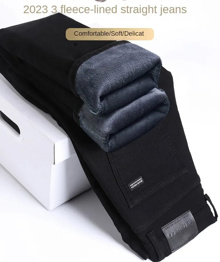 2026 Brand Brushed Jeans Winter Jeans Men Slim Fit Stretch Thick Velvet Pants Warm Jeans Casual Fleece Trousers Male