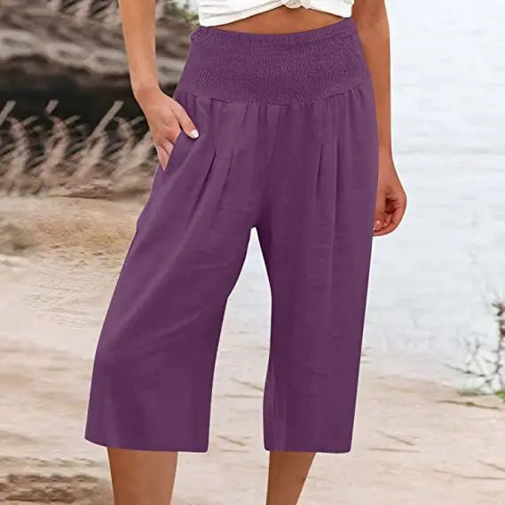 Summer 2024 Amazon Eurn women's cross-border cotton hemp seven waist pocket pocket pocket pocket wide leg pants woman