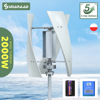 SMARAAD Vertikal Vindturbin 2kW – Magnetisk Dynamo MPPT Boost Hybrid Sol+Vind Off-Grid Inverter 220V, EU-lager Polen