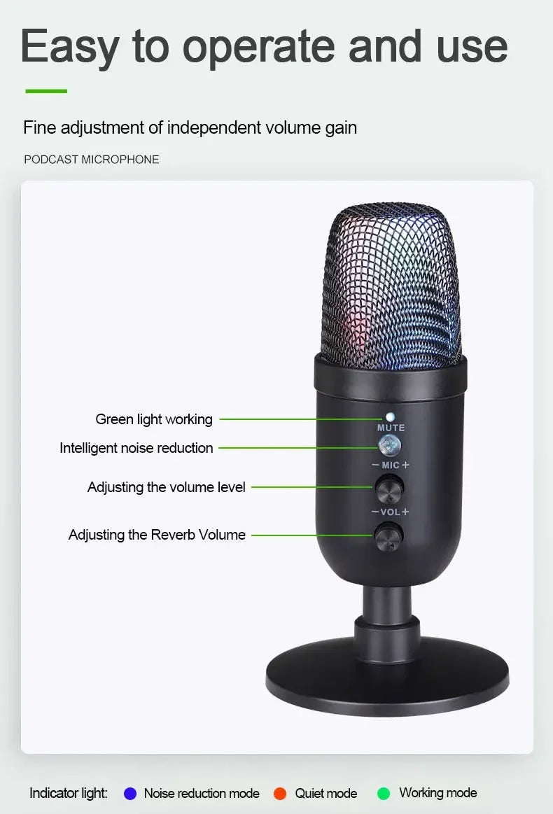 USB Gaming Microphone for PC Condenser Podcast Mic for Studio Recording Headphone Jack RGB Noise Cancellation with Mute Button
