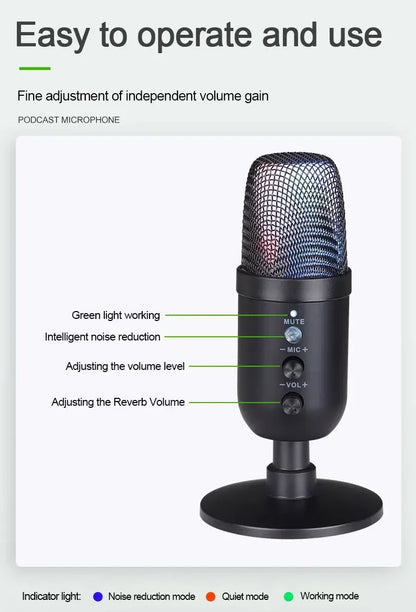 USB Gaming Microphone for PC Condenser Podcast Mic for Studio Recording Headphone Jack RGB Noise Cancellation with Mute Button