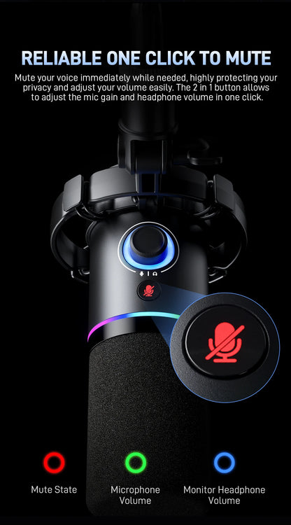 MAONO PD200XS USB/XLR Dynamic Microphone with Shock Mount Boom Arm Stand Maonolink Gain Knob RGB Light for PC Gaming Recording
