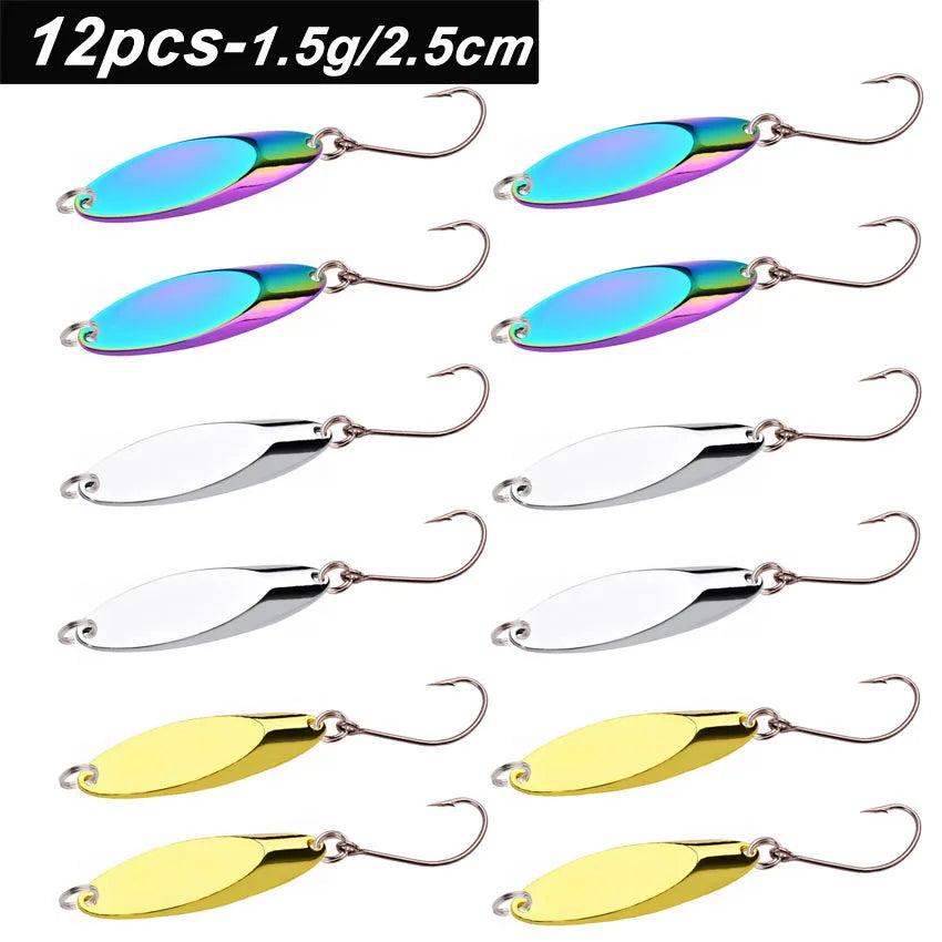12pcs Metal Spinner Spoon Lures Trout Fishing Lure Hard Bait Sequins Paillette Artificial Baits Spinnerbait Fish Tools 1.5g-56g
